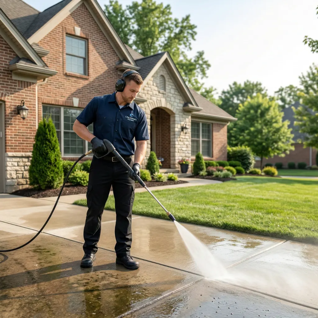 Pressure washing service cleaning a concrete driveway in Cincinnati OH by Brighter Day Exterior Cleaning