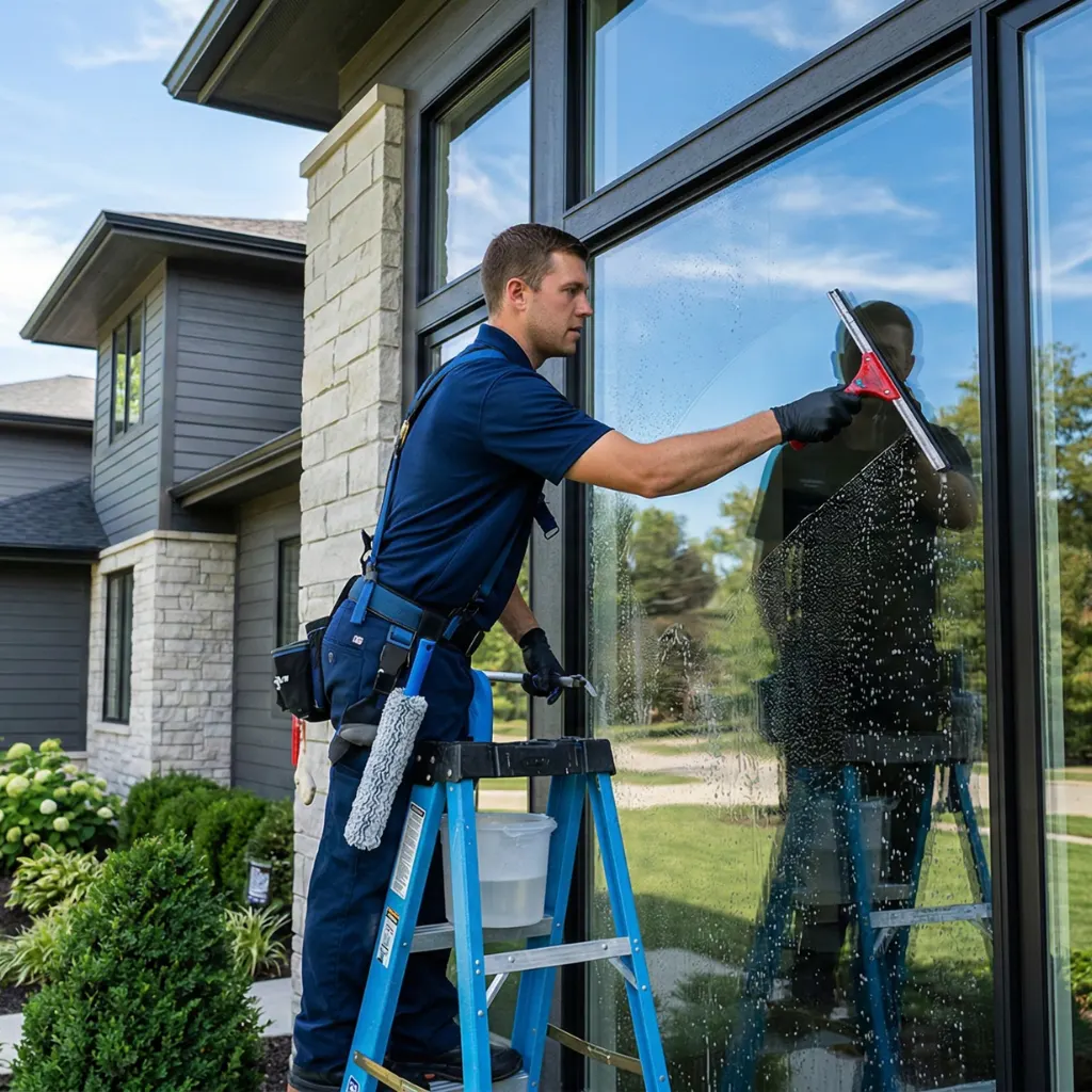 Cincinnati window cleaning technician washing exterior home windows