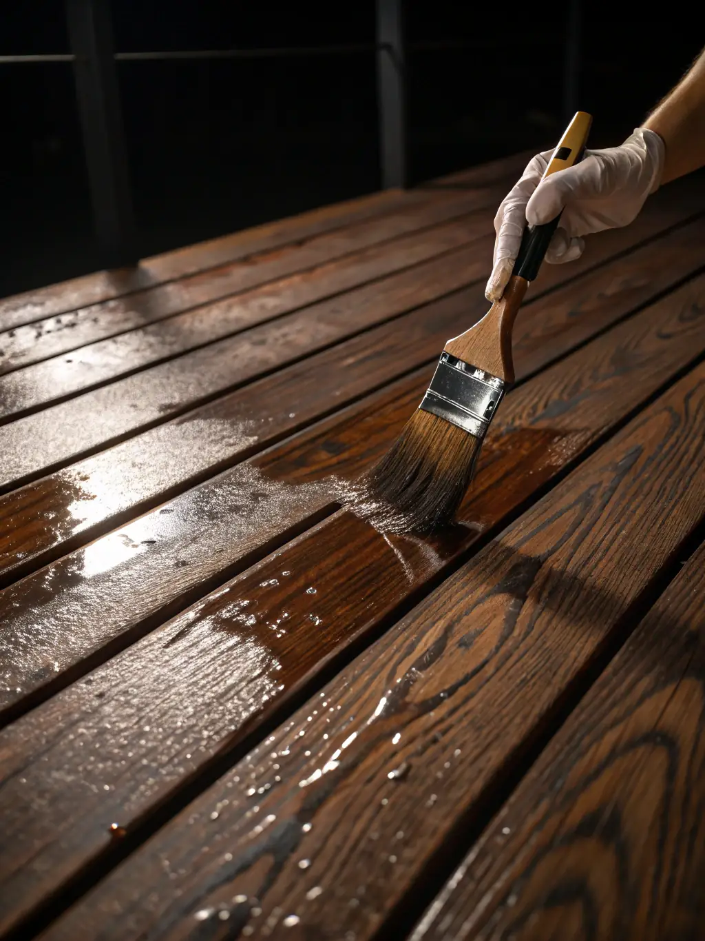 A close-up shot of a freshly stained wooden deck, showcasing the rich color and smooth finish, highlighting the protective qualities of the stain against water damage.