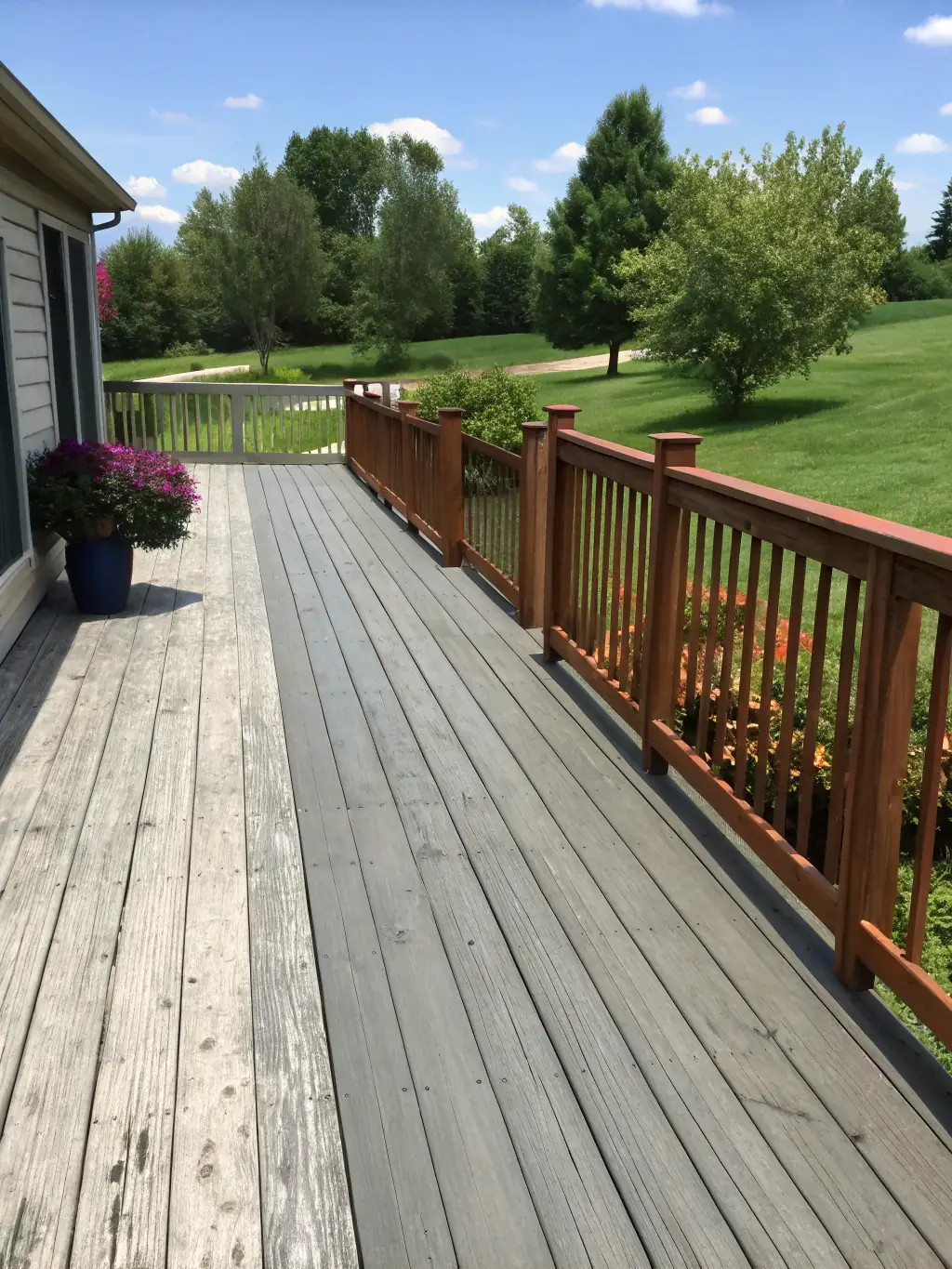 A before-and-after split image showing a weathered, gray deck on one side and a freshly stained, vibrant deck on the other, illustrating the transformative effect.
