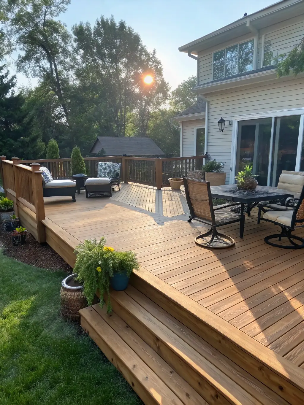 A wide-angle view of a beautifully stained deck in a backyard setting, complete with outdoor furniture and landscaping, emphasizing the aesthetic enhancement.